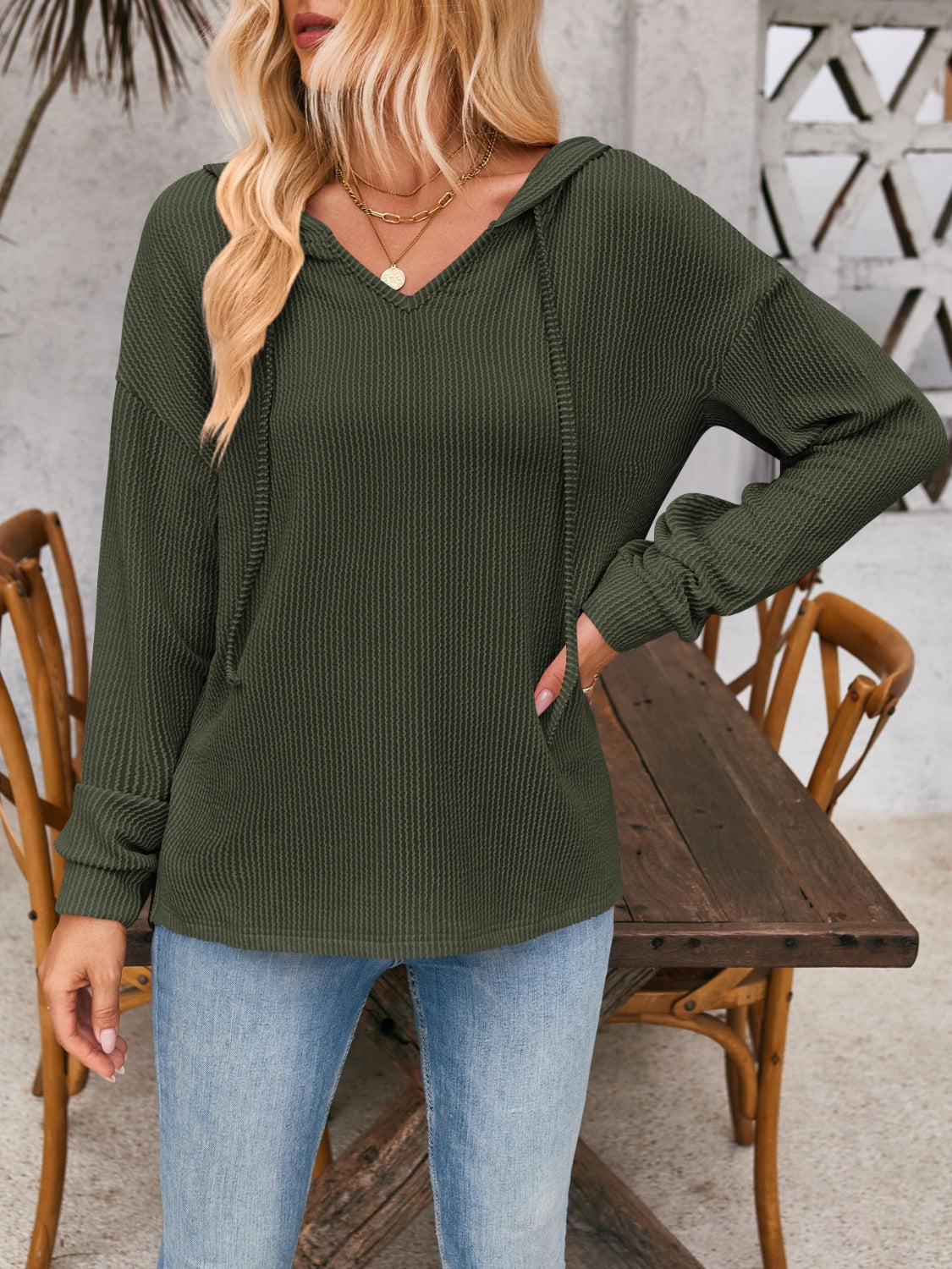 Double Take Drawstring Dropped Shoulder Long Sleeve Hoodie (5 Colors) Shirts & Tops Krazy Heart Designs Boutique