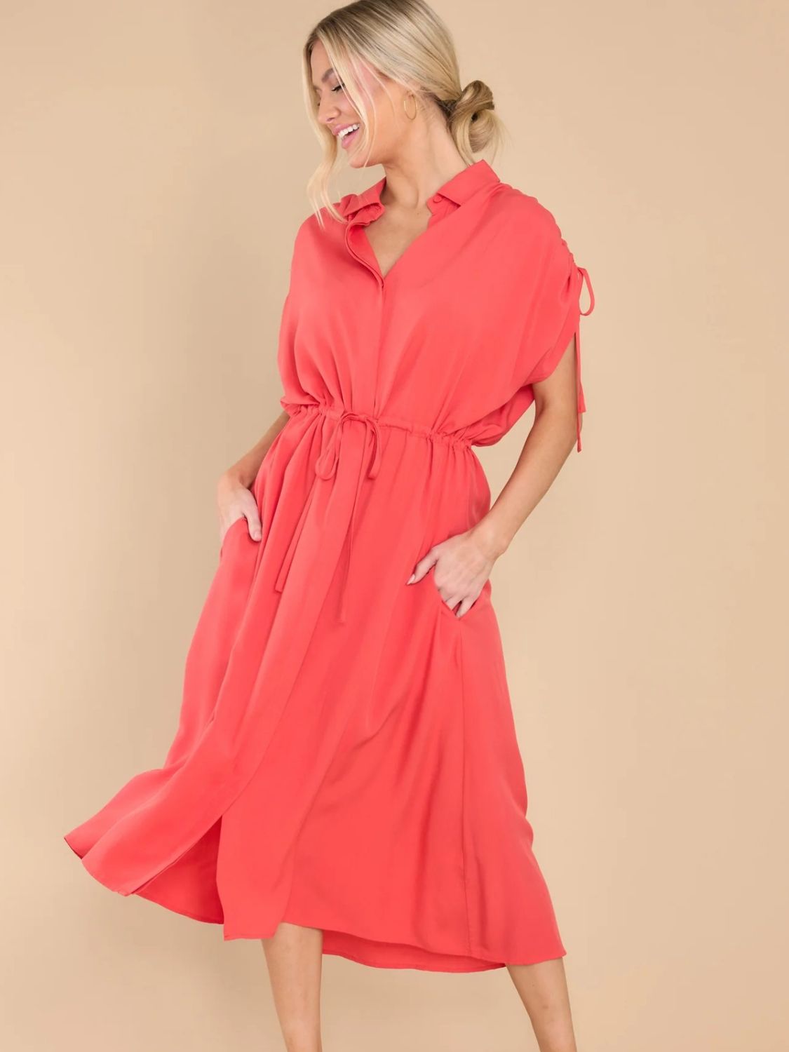 Drawstring Collared Neck Short Sleeve Midi Dress Dress Krazy Heart Designs Boutique
