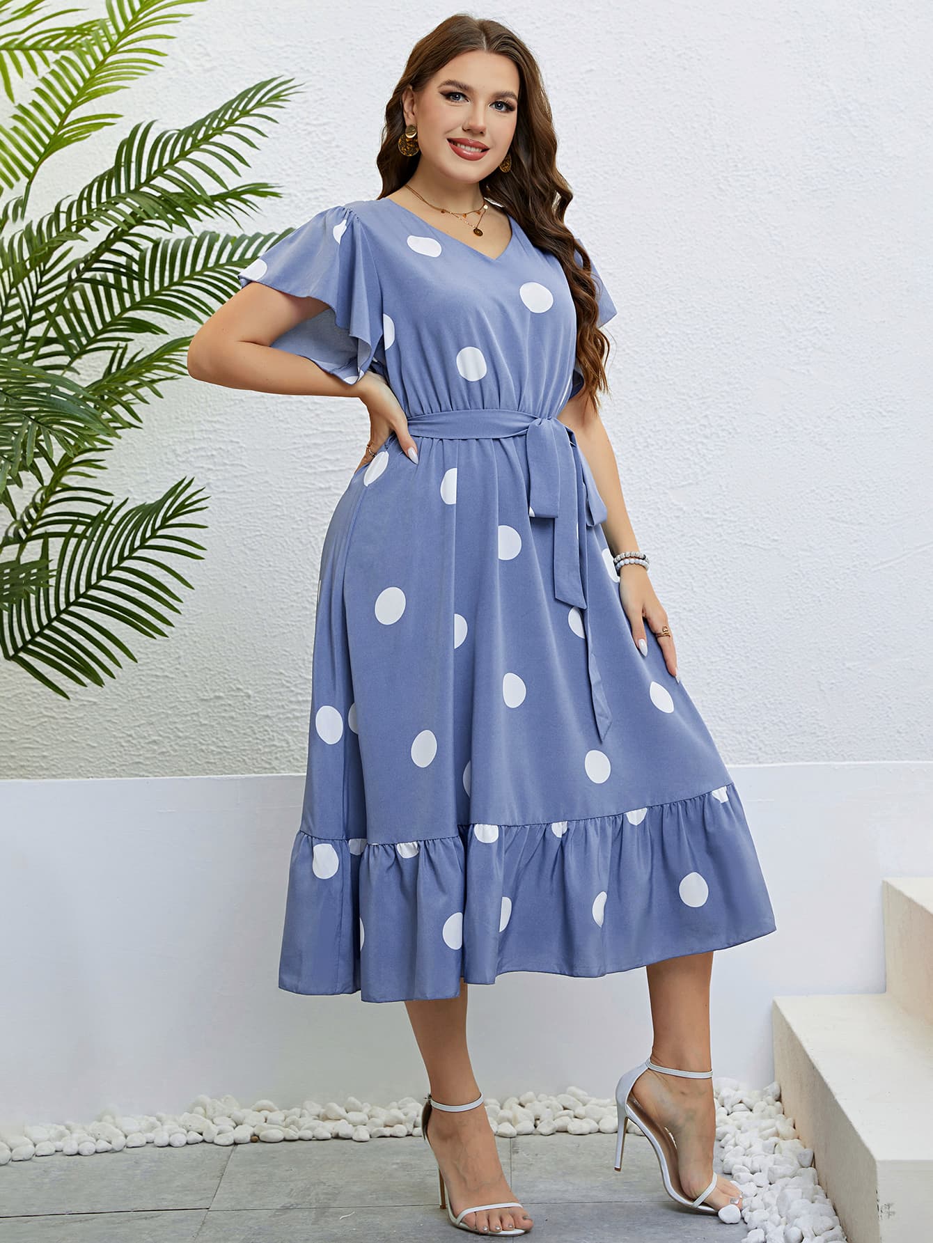 Honey Polka Dot Belted Flutter Sleeve Ruffle Hem Dress Dress Krazy Heart Designs Boutique