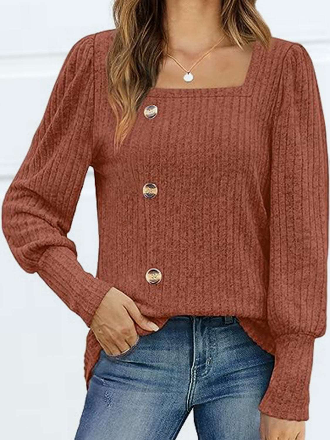 Decorative Button Square Neck Top (5 Colors) Krazy Heart Designs Boutique Red Orange S