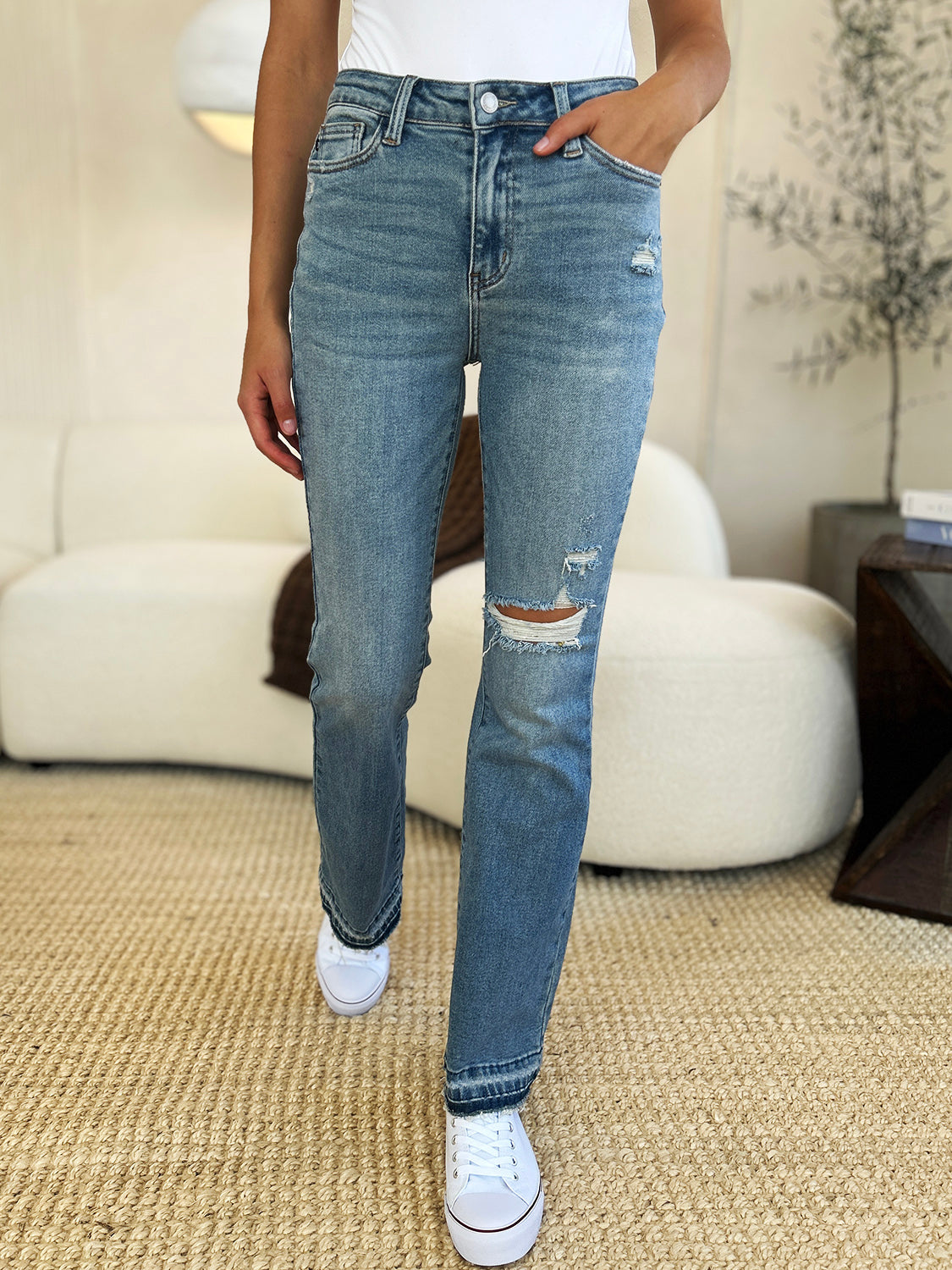 Judy Blue Full Size Mid Rise Destroyed Hem Distressed Jeans pant Krazy Heart Designs Boutique