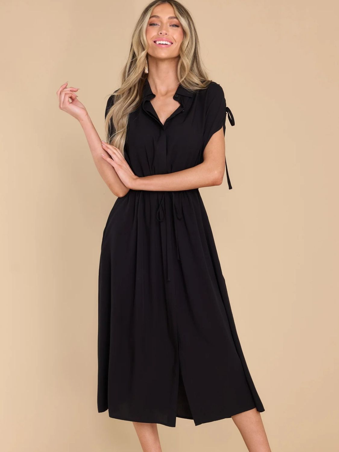 Drawstring Collared Neck Short Sleeve Midi Dress Dress Krazy Heart Designs Boutique