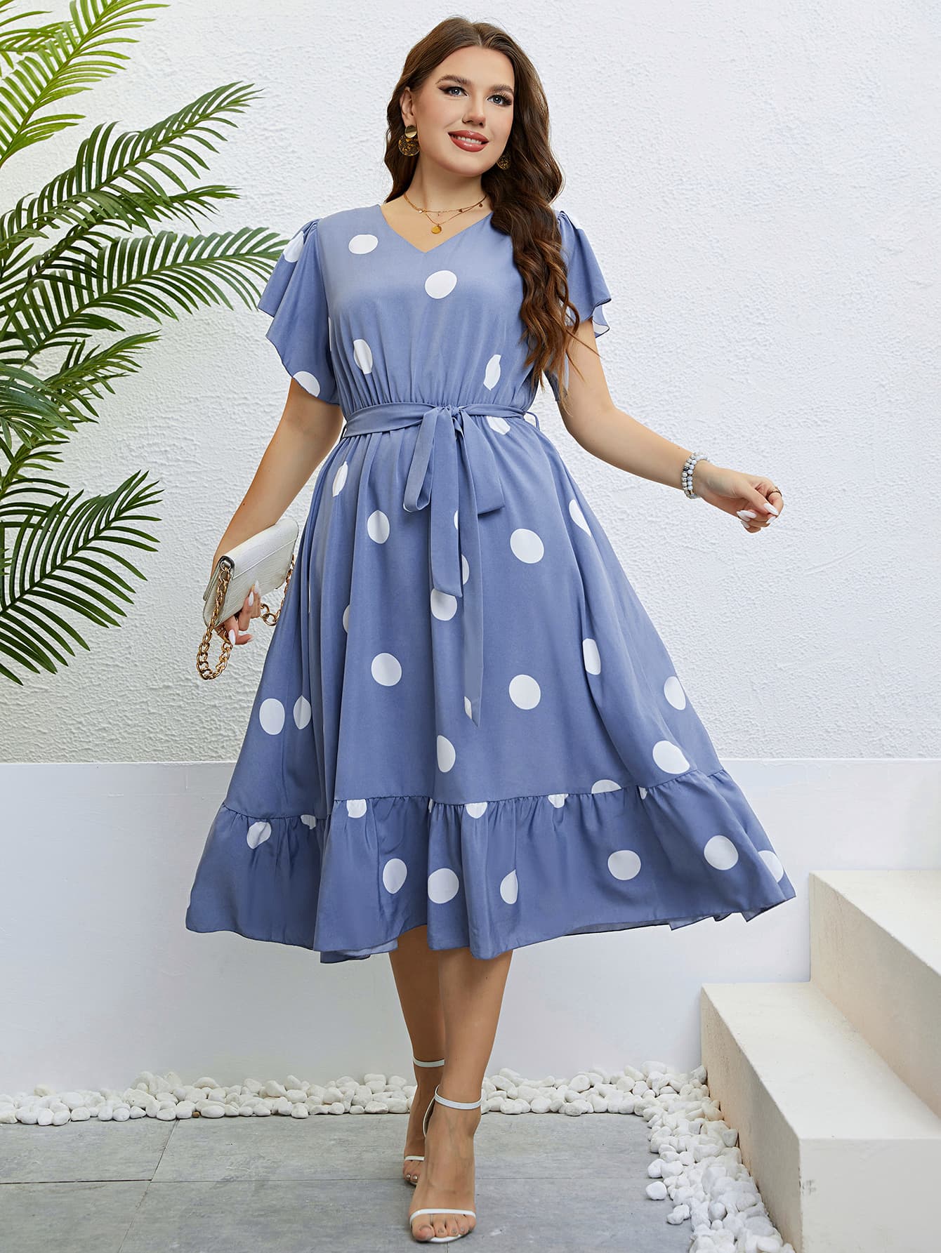 Honey Polka Dot Belted Flutter Sleeve Ruffle Hem Dress Dress Krazy Heart Designs Boutique Blue Purple 1X