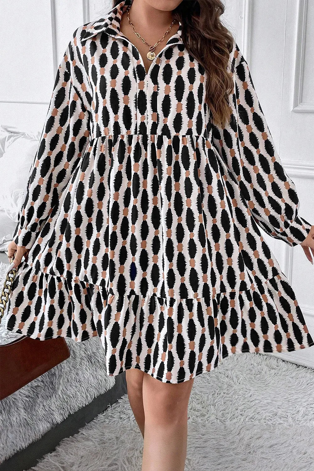 Plus Size Printed Johnny Collar Long Sleeve Dress Dress Krazy Heart Designs Boutique