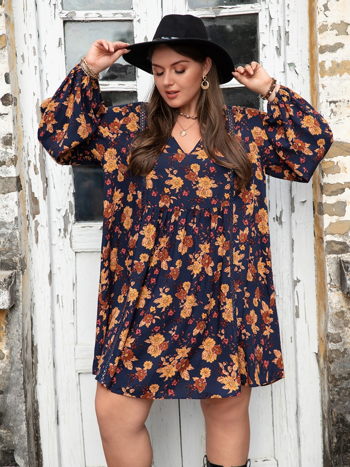 Plus Size Floral V-Neck Balloon Sleeve Dress Dress Krazy Heart Designs Boutique Dark Blue 0XL