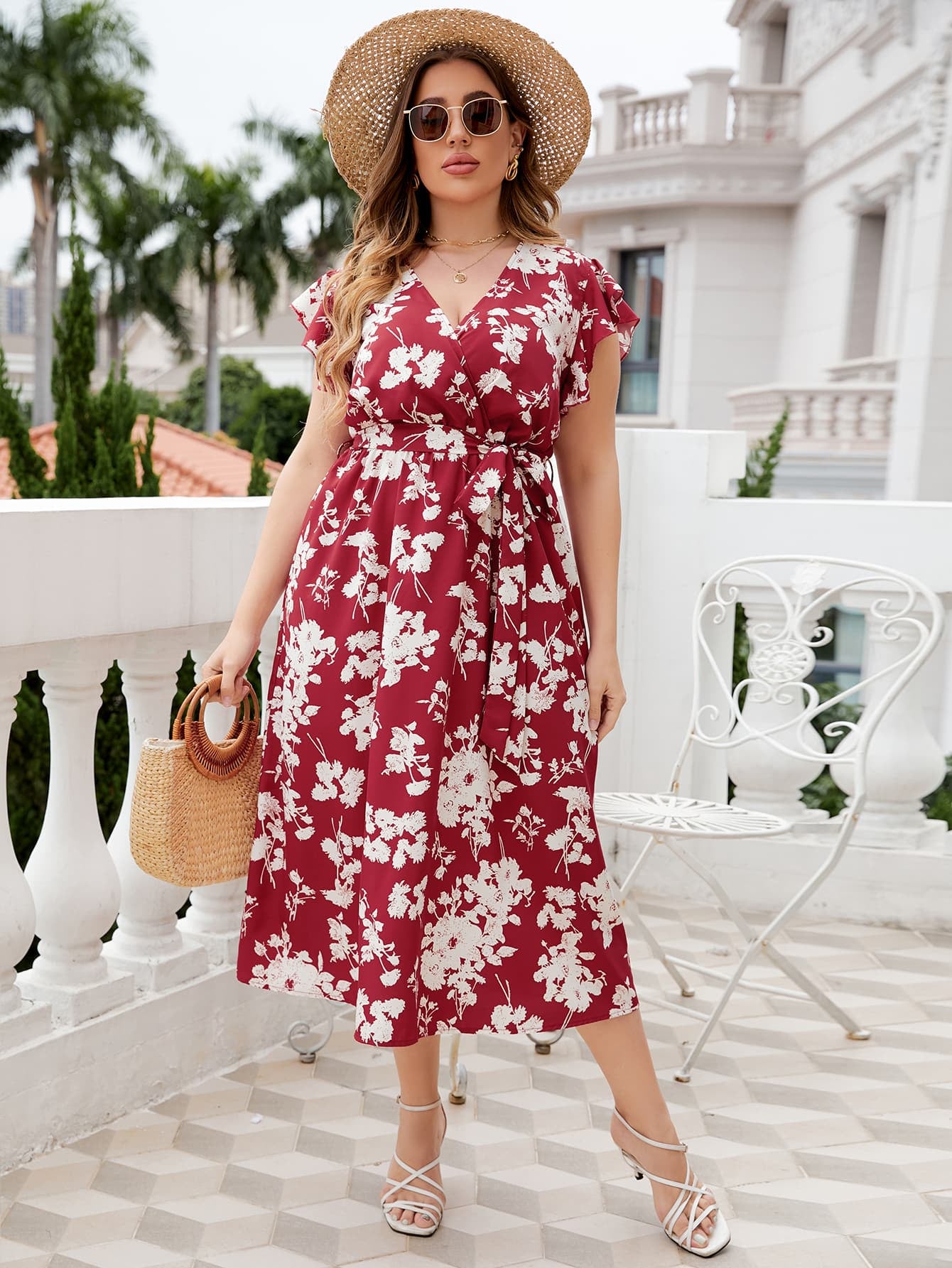 Honey Plus Size Floral Tie Waist Surplice Neck Midi Dress dress Krazy Heart Designs Boutique Deep Red 1XL