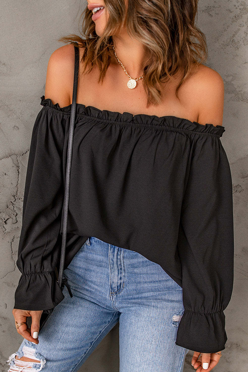 Off-Shoulder Flounce Sleeve Blouse (4 Colors) Shirts & Tops Krazy Heart Designs Boutique Black S