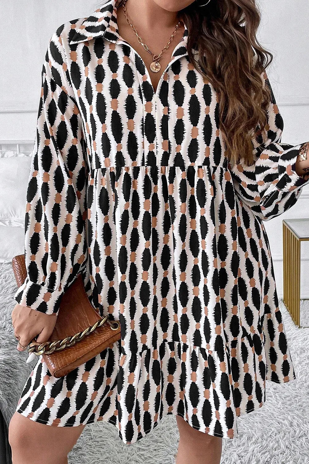 Plus Size Printed Johnny Collar Long Sleeve Dress Dress Krazy Heart Designs Boutique Black 1XL