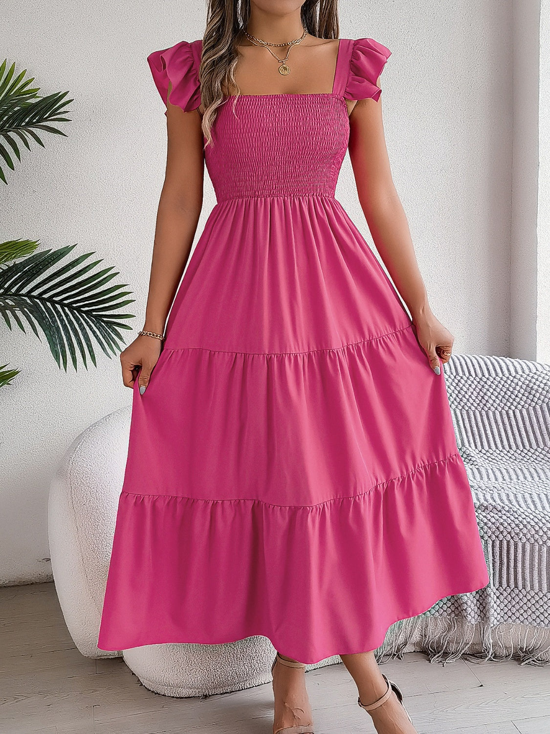 Smocked Square Neck Cap Sleeve Midi Dress (5 Colors) Dress Krazy Heart Designs Boutique