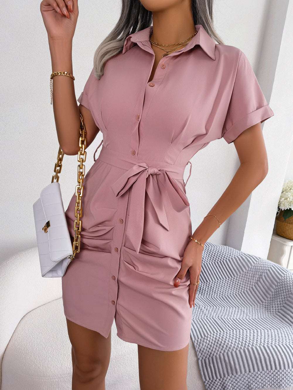 Button Down Ruched Tie Belt Dress (3 Colors) Krazy Heart Designs Boutique