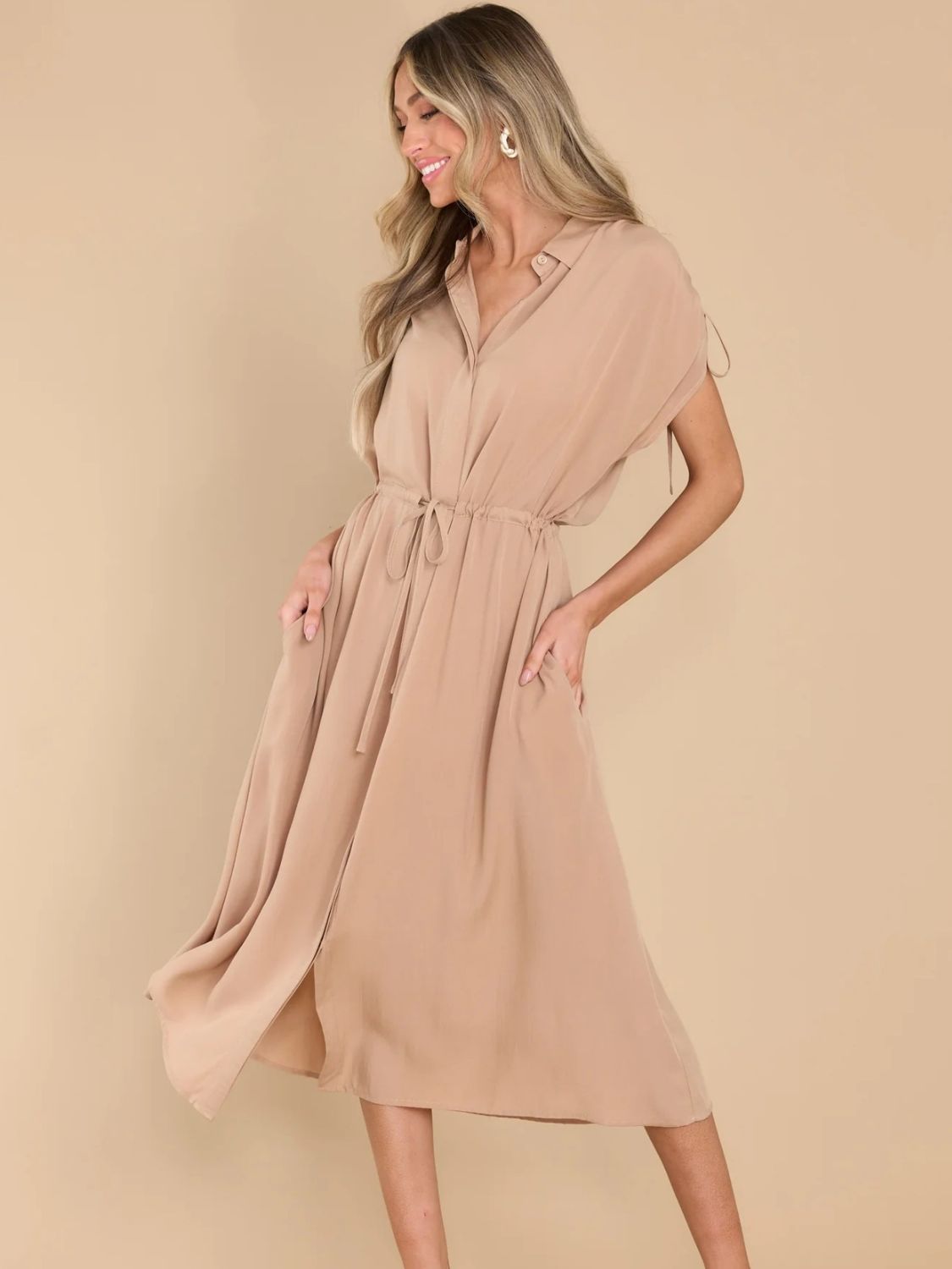 Drawstring Collared Neck Short Sleeve Midi Dress Dress Krazy Heart Designs Boutique