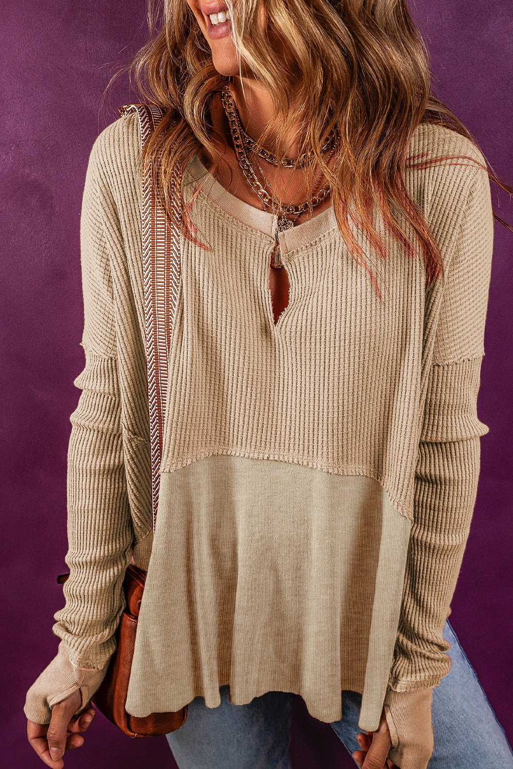 Notched Neck Long Sleeve Slit Blouse Krazy Heart Designs Boutique Beige S