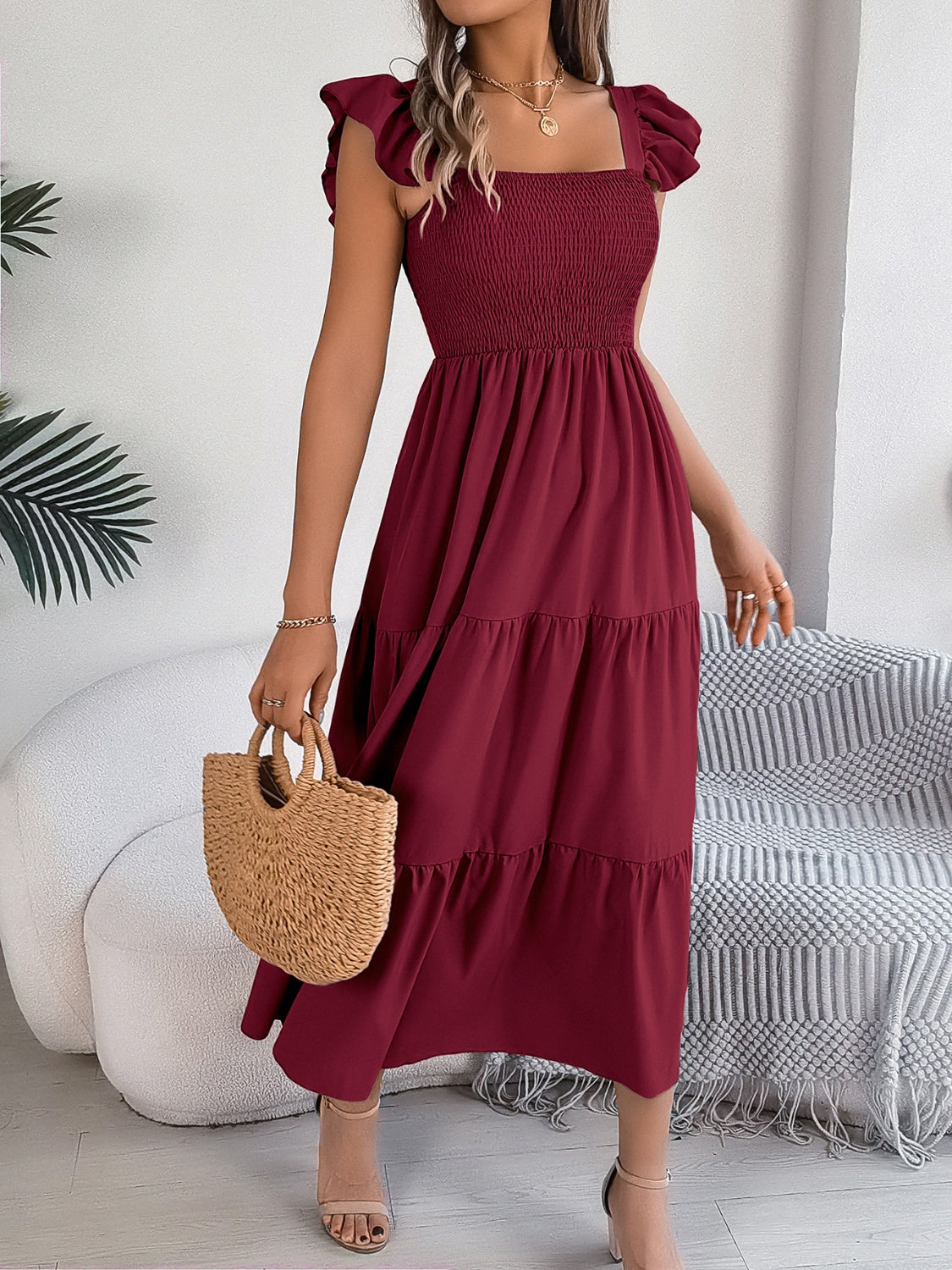 Smocked Square Neck Cap Sleeve Midi Dress (5 Colors) Dress Krazy Heart Designs Boutique