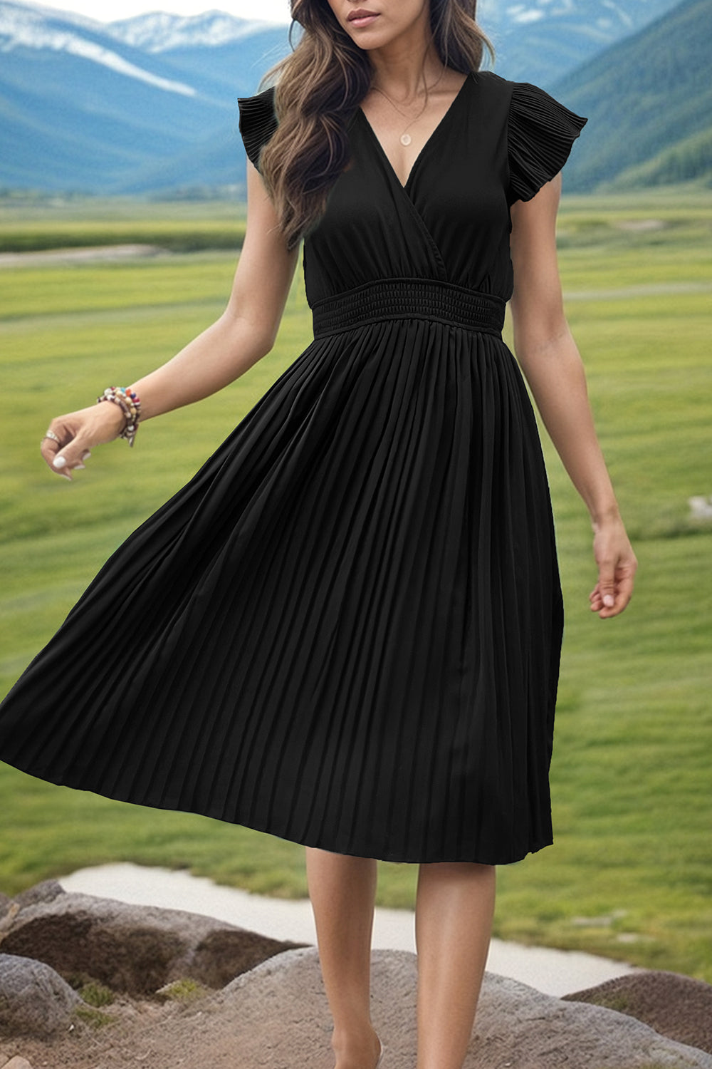 Tied Smocked Waist Flutter Sleeve Dress Krazy Heart Designs Boutique Black XL