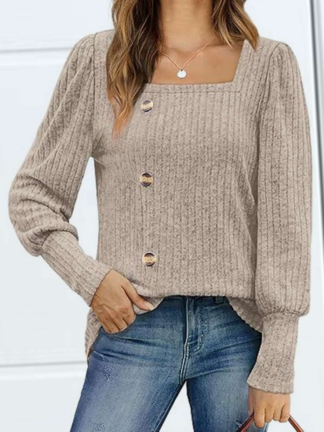 Decorative Button Square Neck Top (5 Colors) Krazy Heart Designs Boutique Dust Storm S