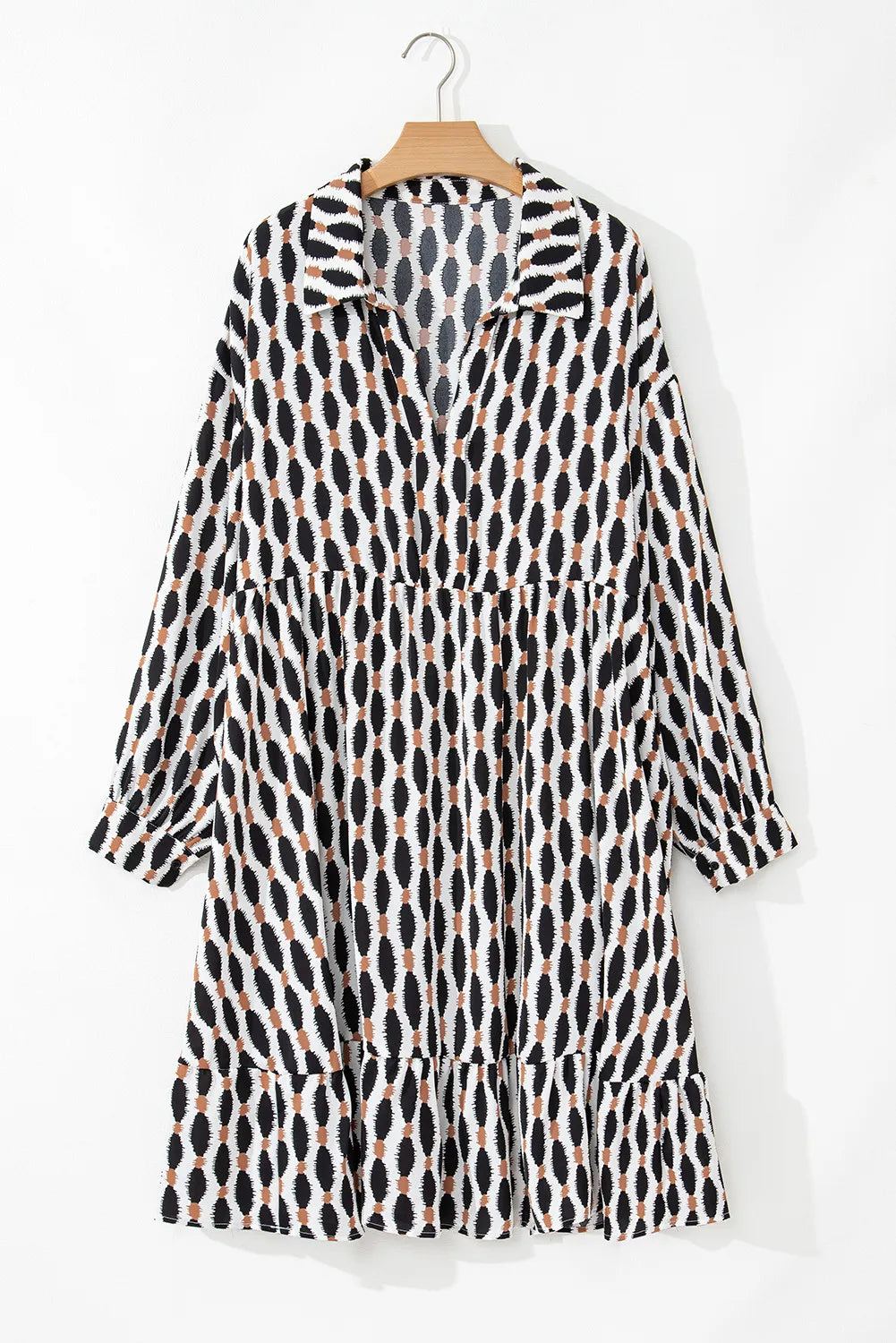 Plus Size Printed Johnny Collar Long Sleeve Dress Dress Krazy Heart Designs Boutique