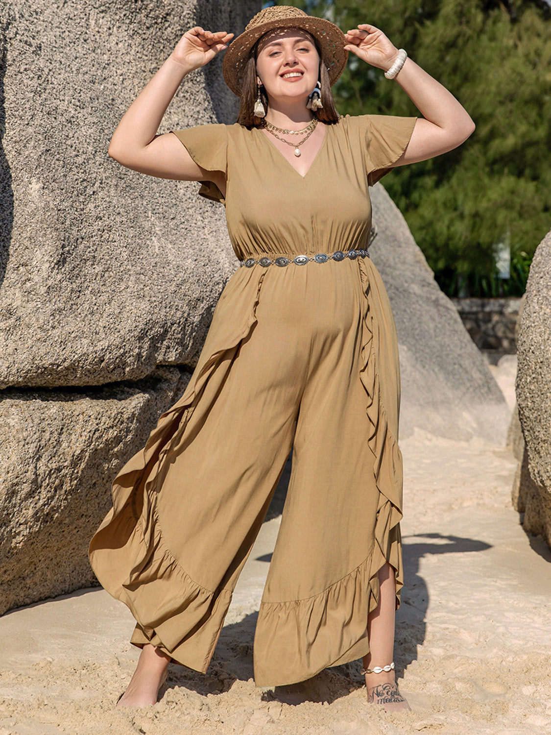 Plus Size Slit Ruffled V-Neck Jumpsuit Outfit Sets Krazy Heart Designs Boutique Camel 0XL