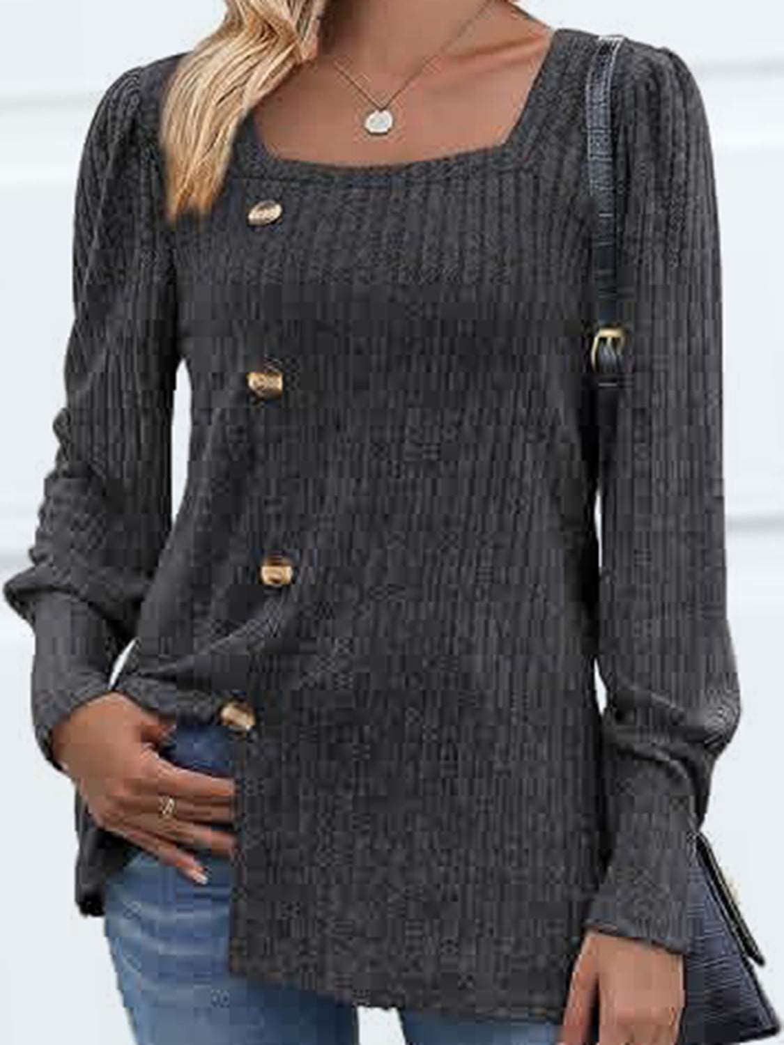 Decorative Button Square Neck Top (5 Colors) Krazy Heart Designs Boutique