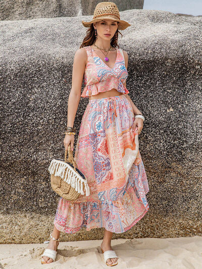 Playful Print Boho Style V-Neck Top and Midi Skirt Set Dress Krazy Heart Designs Boutique
