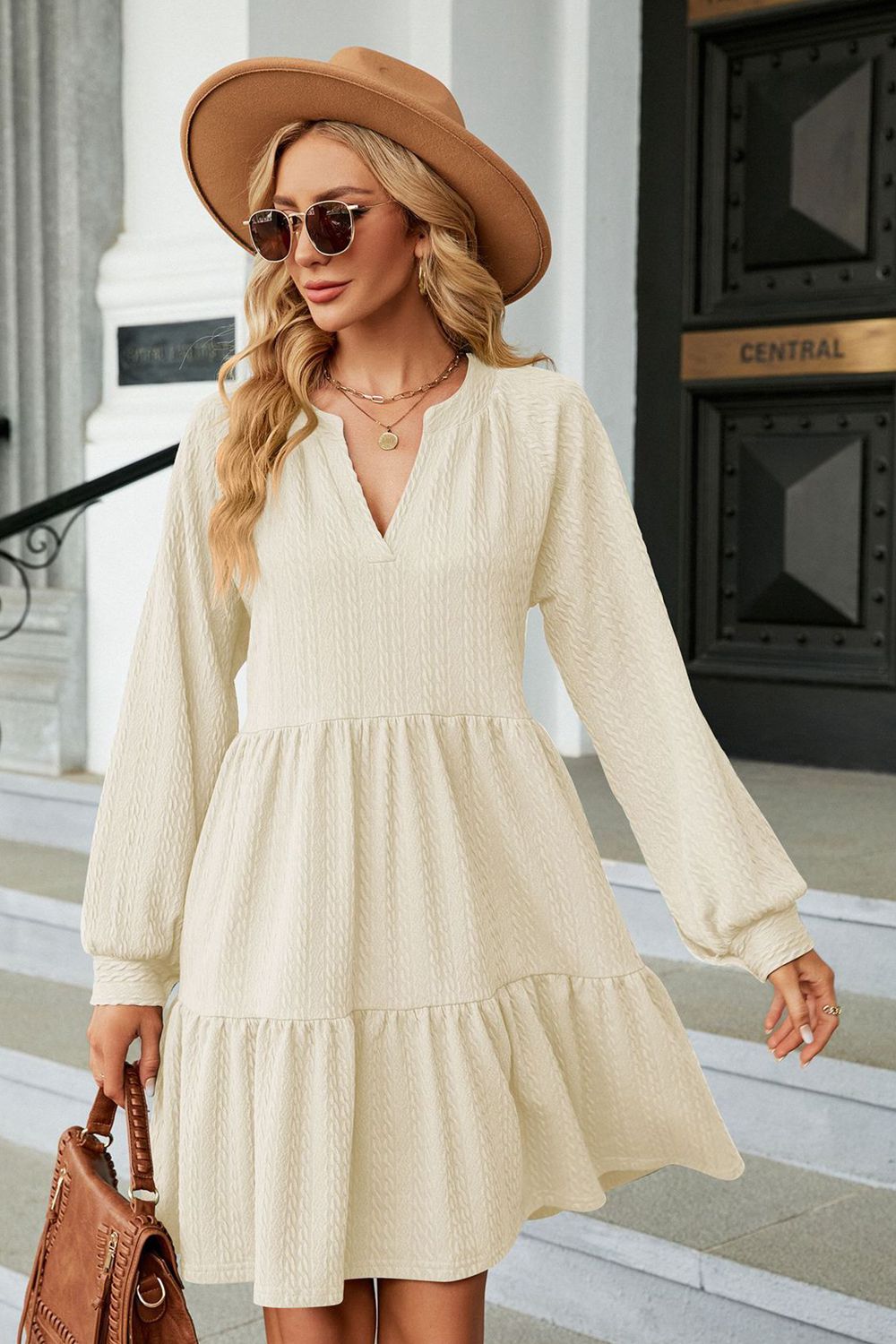 Notched Neck Long Sleeve Mini Dress (6 Colors) Dress Krazy Heart Designs Boutique Cream S