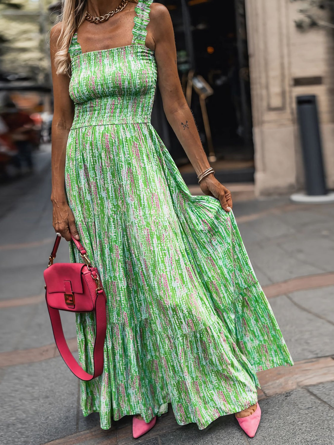 Smocked Printed Square Neck Sleeveless Cami Dress (7 Colors) Dress Krazy Heart Designs Boutique Light Green S