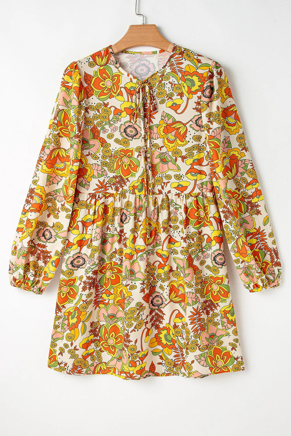 Printed Tie Neck Balloon Sleeve Mini Dress Dress Krazy Heart Designs Boutique
