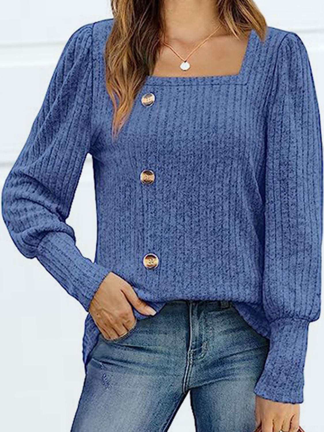 Decorative Button Square Neck Top (5 Colors) Krazy Heart Designs Boutique Dusty Blue S