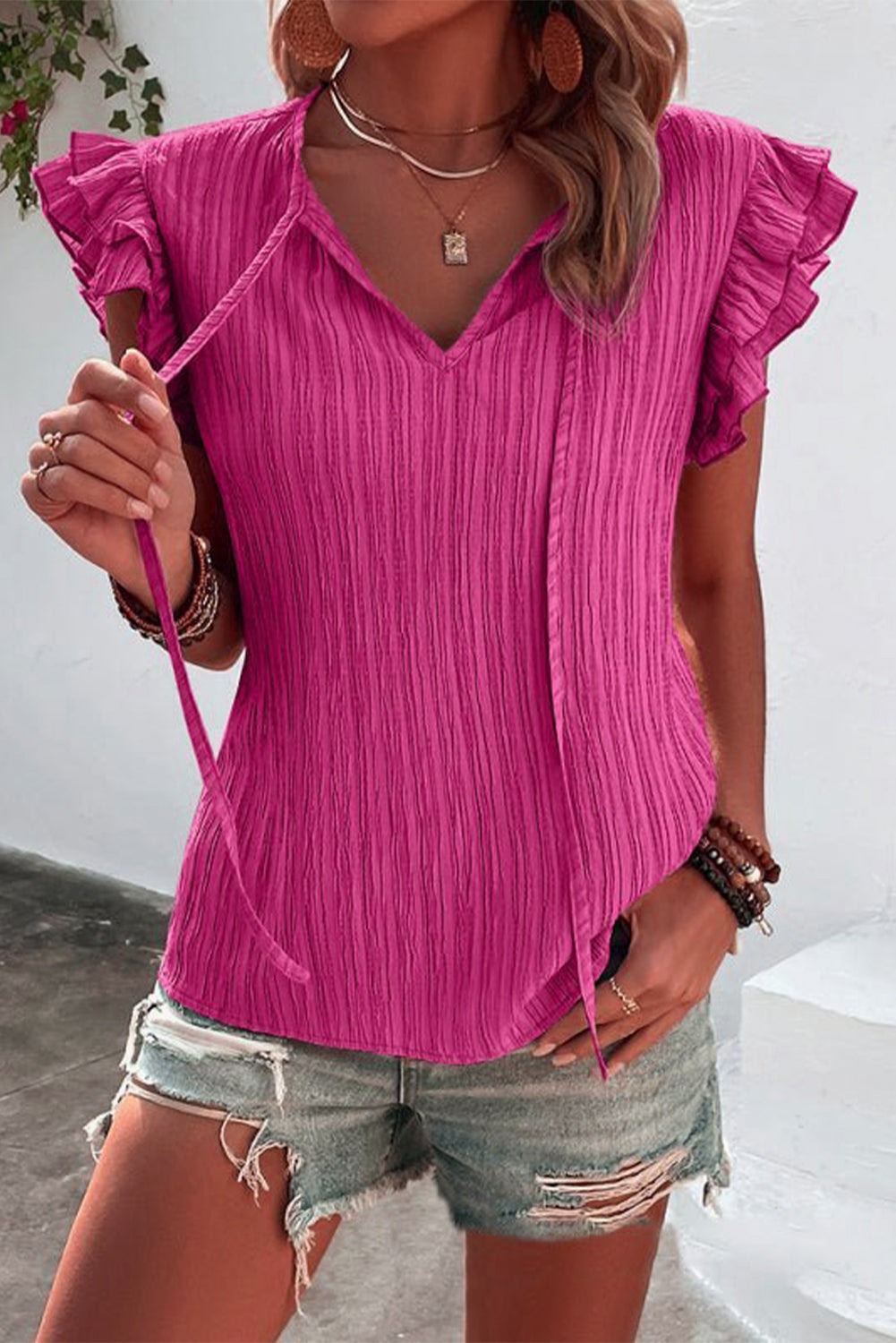 Ruffled Tie Neck Cap Sleeve Blouse (2 Colors) Shirts & Tops Krazy Heart Designs Boutique Deep Rose S