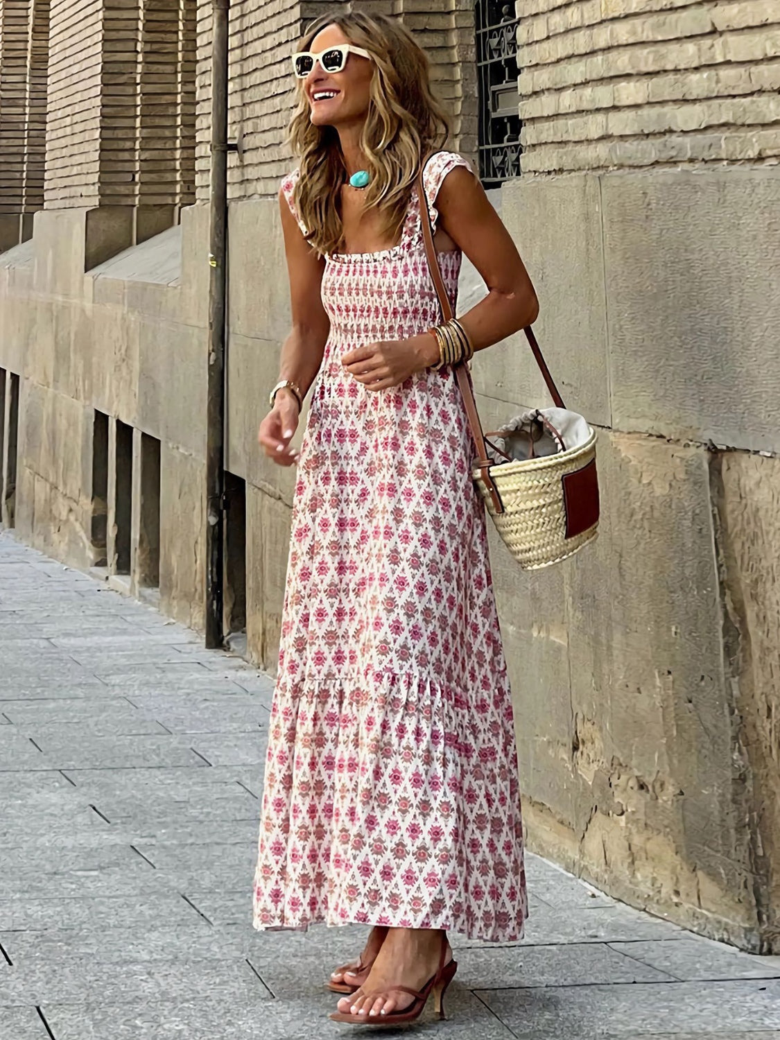 Smocked Printed Square Neck Sleeveless Cami Dress (7 Colors) Dress Krazy Heart Designs Boutique Hot Pink S