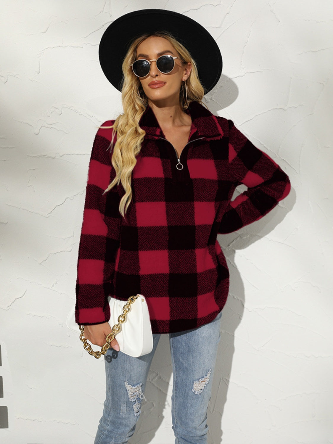 Plaid Half Zip Long Sleeve Sweatshirt Krazy Heart Designs Boutique Burgundy S