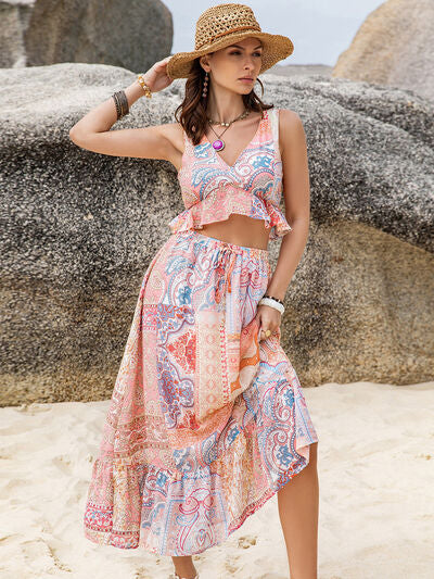 Playful Print Boho Style V-Neck Top and Midi Skirt Set Dress Krazy Heart Designs Boutique