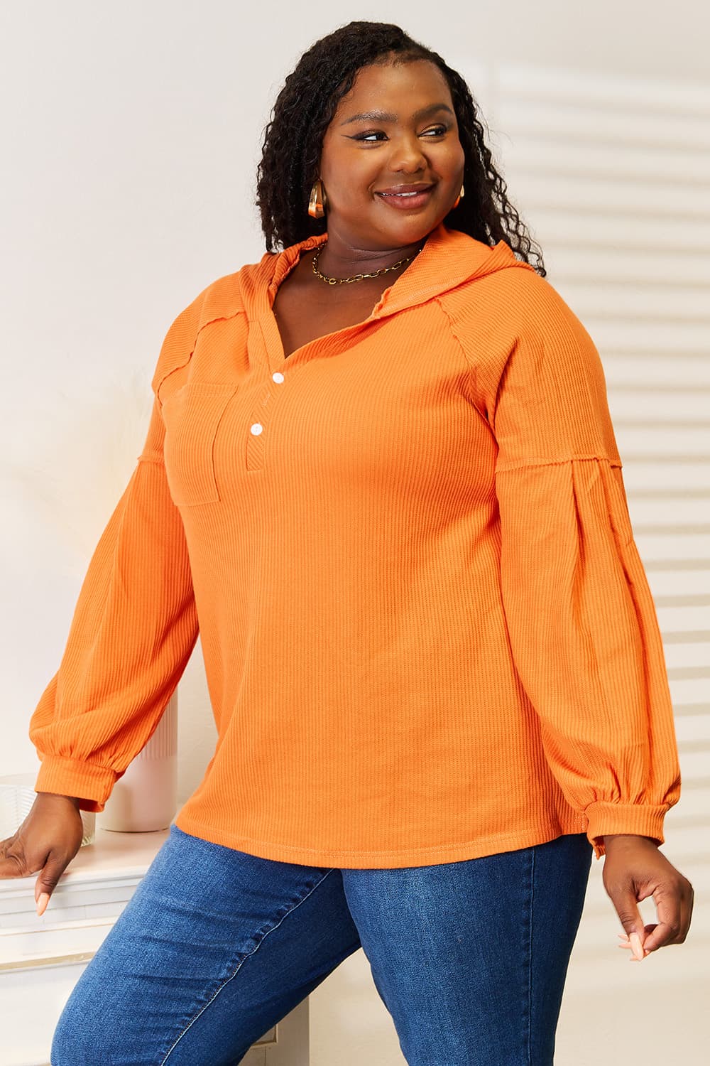 Basic Bae Side Slit Buttoned Waffle Knit Hoodie Shirts & Tops Krazy Heart Designs Boutique