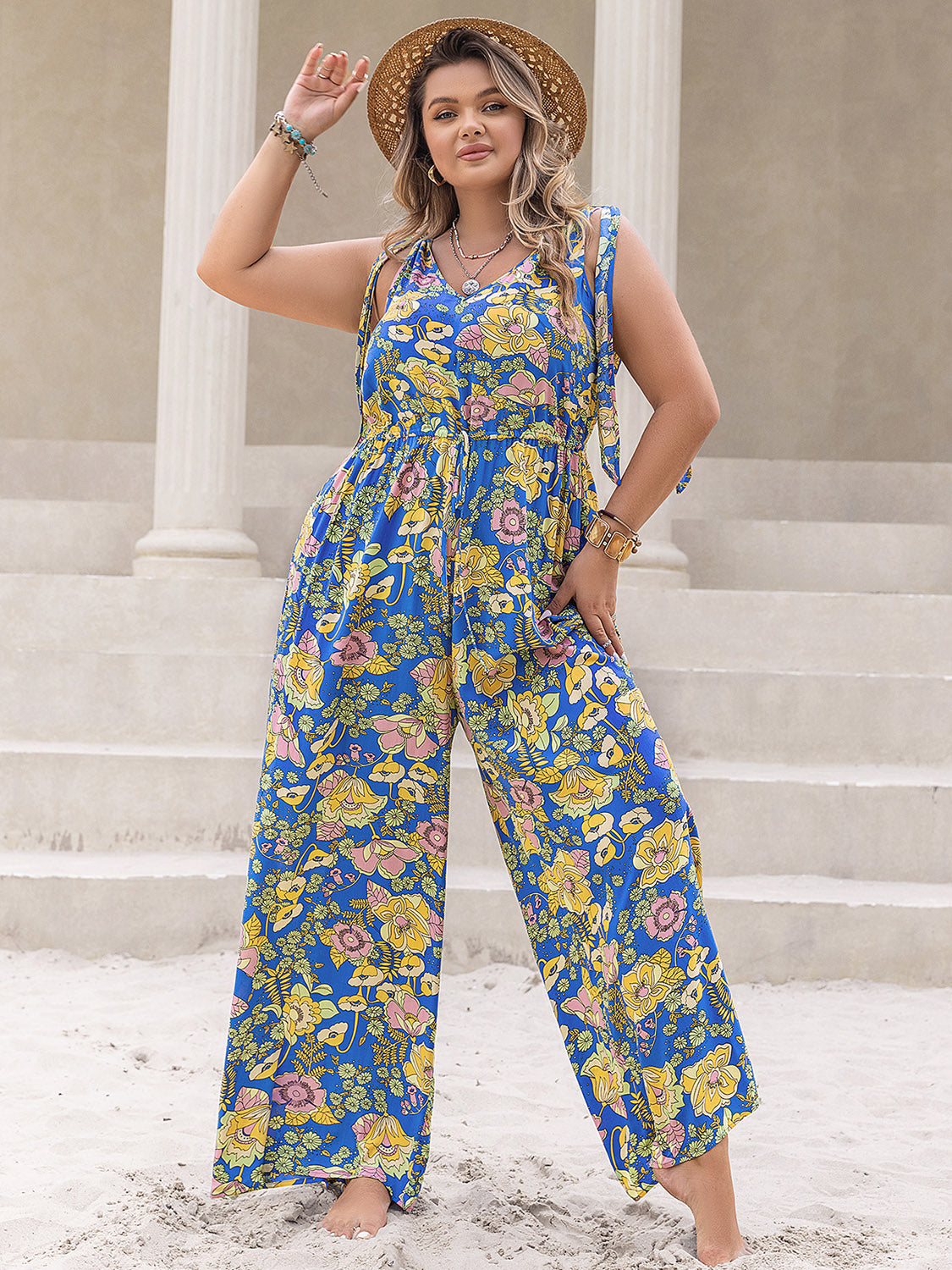 Plus Size Boho Printed V-Neck Wide Leg Jumpsuit outfits Krazy Heart Designs Boutique Blue 0XL