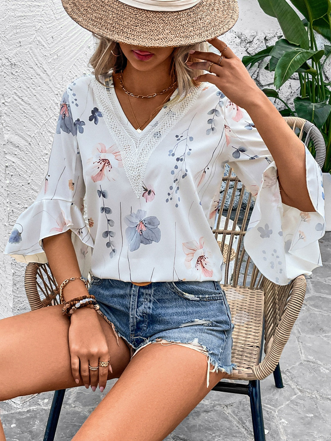 Honey Ruffled Printed V-Neck Half Sleeve Blouse (4 Print Colors) Shirts & Tops Krazy Heart Designs Boutique