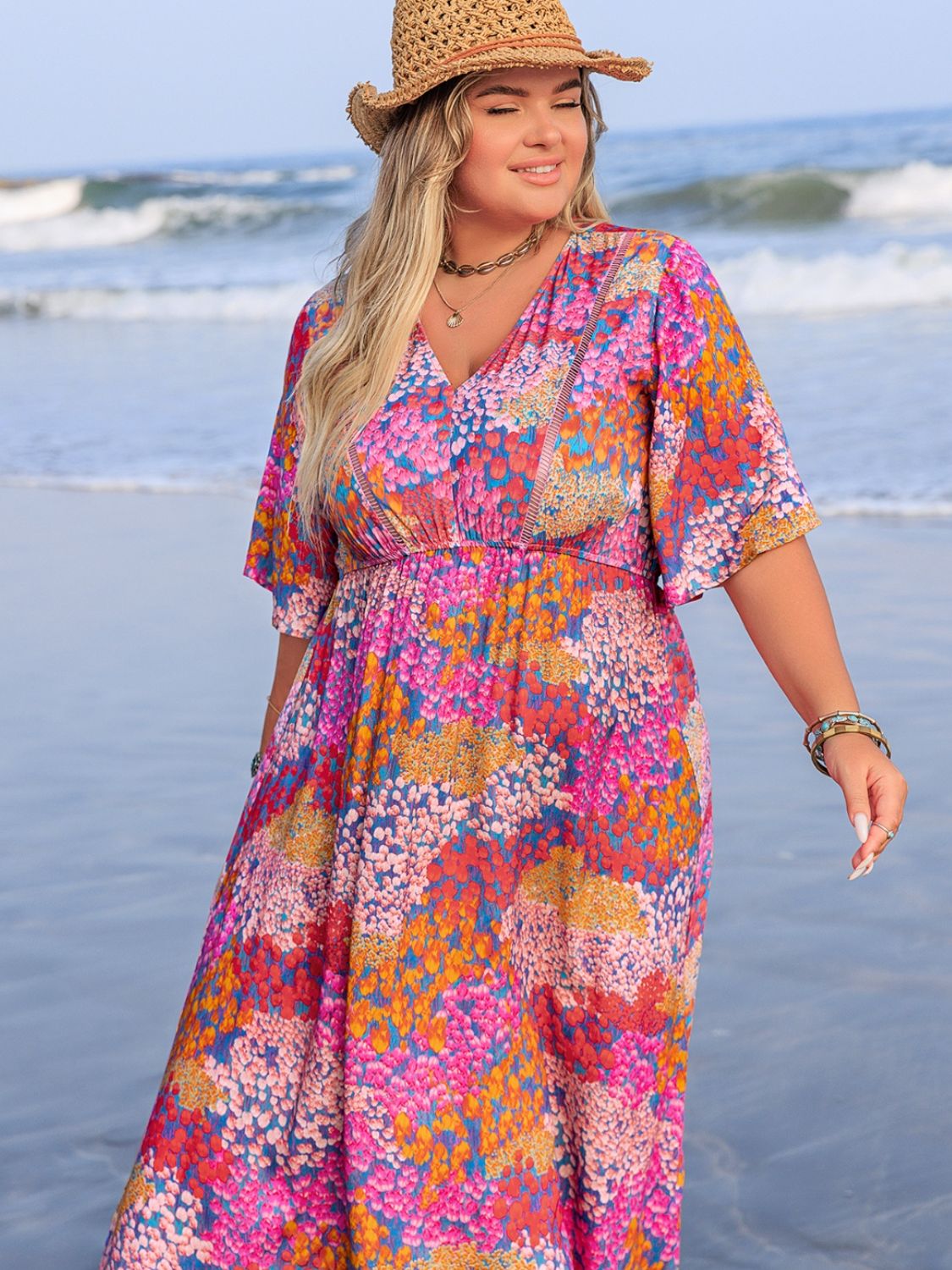 Plus Size Slit Floral Printed Half Sleeve Maxi Dress dress Krazy Heart Designs Boutique