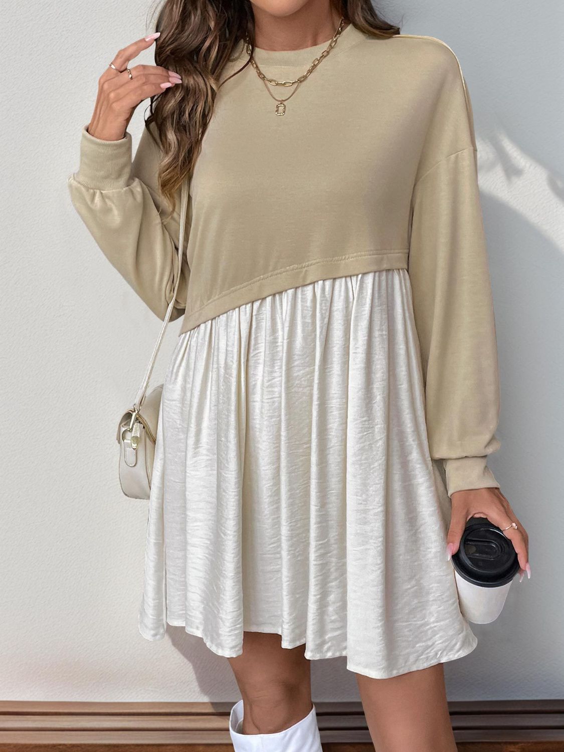 Perfee Contrast Round Neck Long Sleeve Mini Dress Dress Krazy Heart Designs Boutique