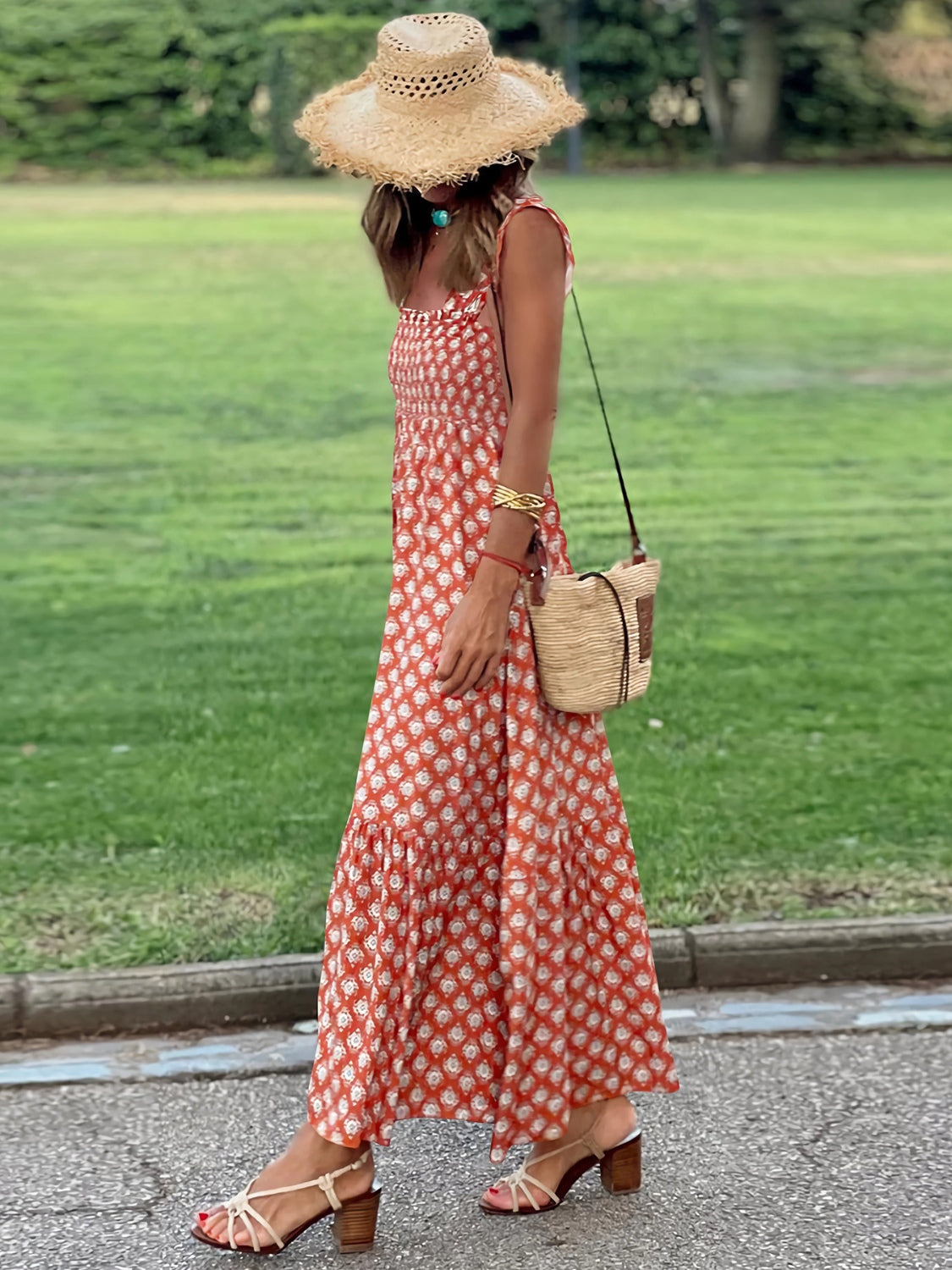 Smocked Printed Square Neck Sleeveless Cami Dress (7 Colors) Dress Krazy Heart Designs Boutique Orange-Red S