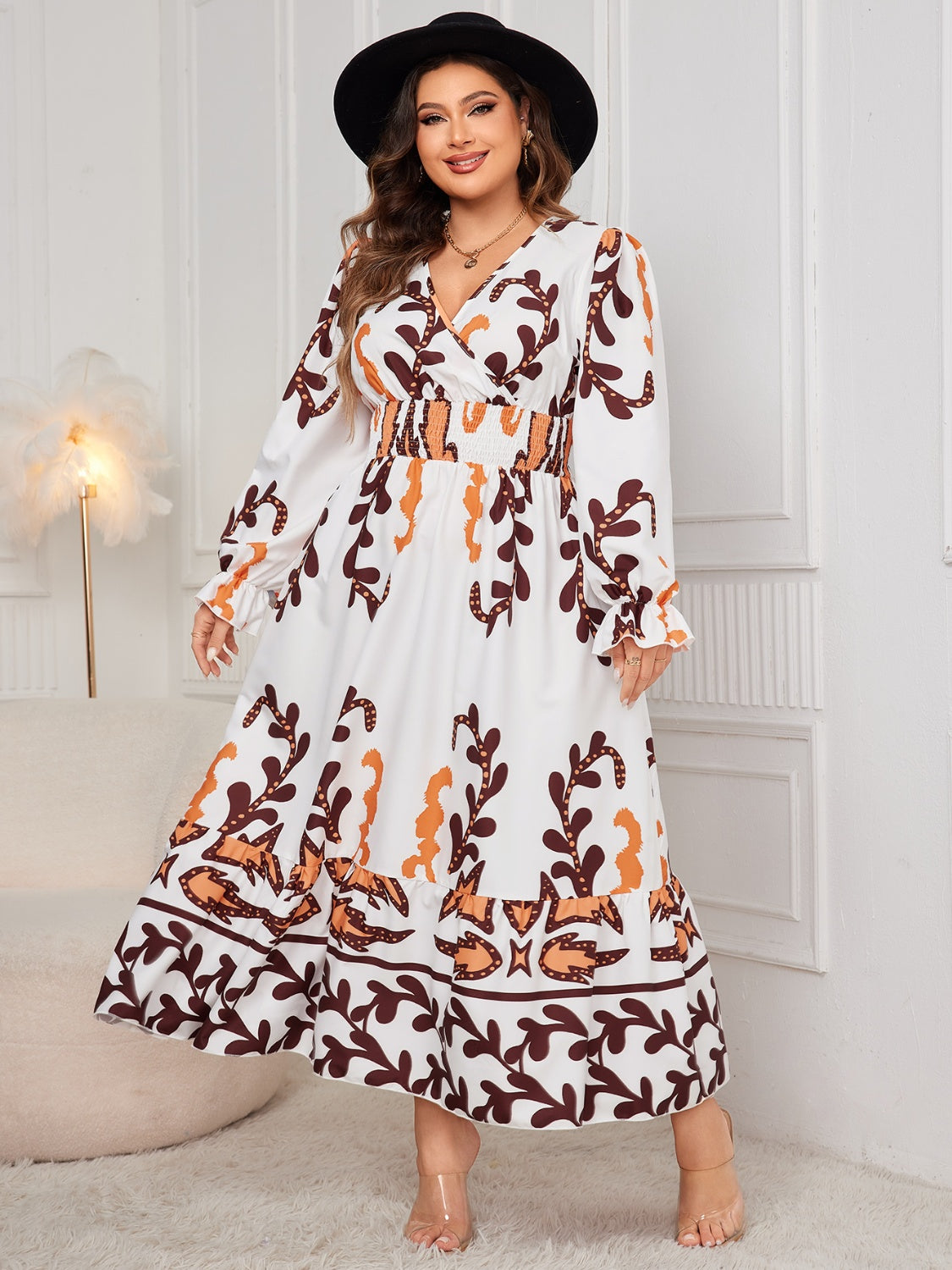 Honey Plus Size Printed Surplice Flounce Sleeve Dress Dress Krazy Heart Designs Boutique