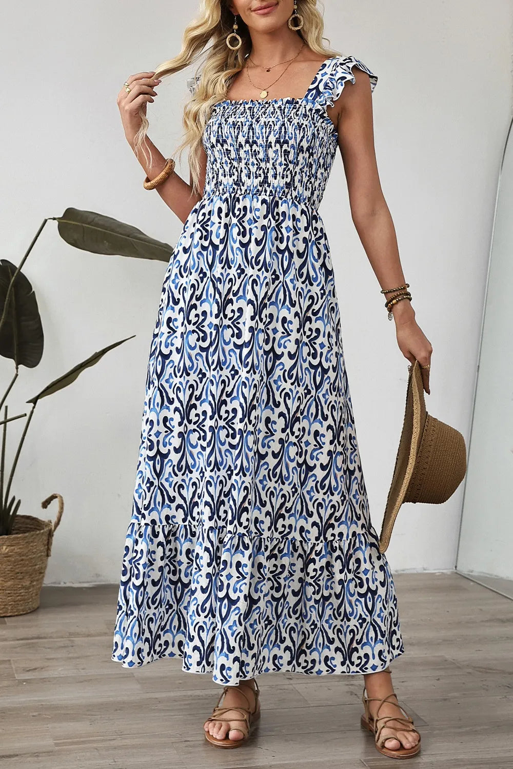 Dusty Blue Printed Smocked Square Neck Dress Dress Krazy Heart Designs Boutique Dusty Blue S