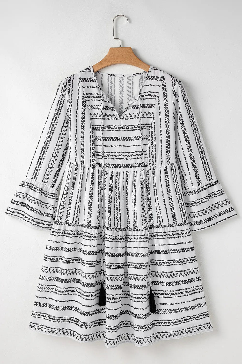Printed Tie Neck Three-Quarter Sleeve Mini Dress Dress Krazy Heart Designs Boutique