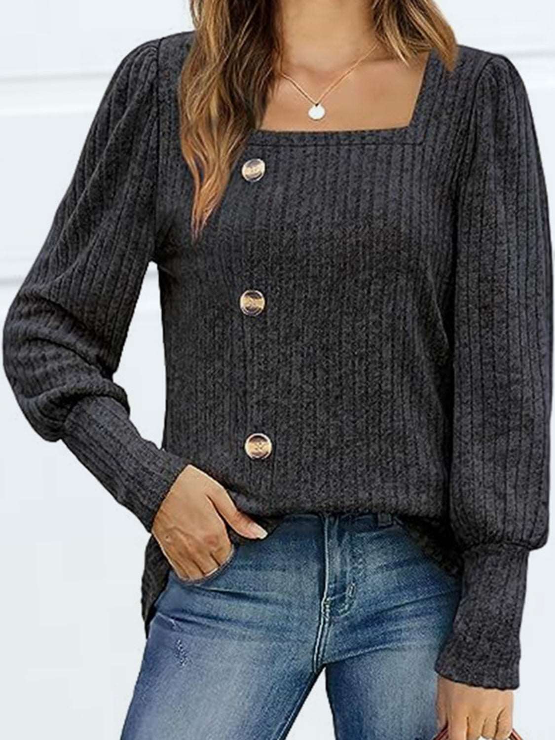 Decorative Button Square Neck Top (5 Colors) Krazy Heart Designs Boutique Black S
