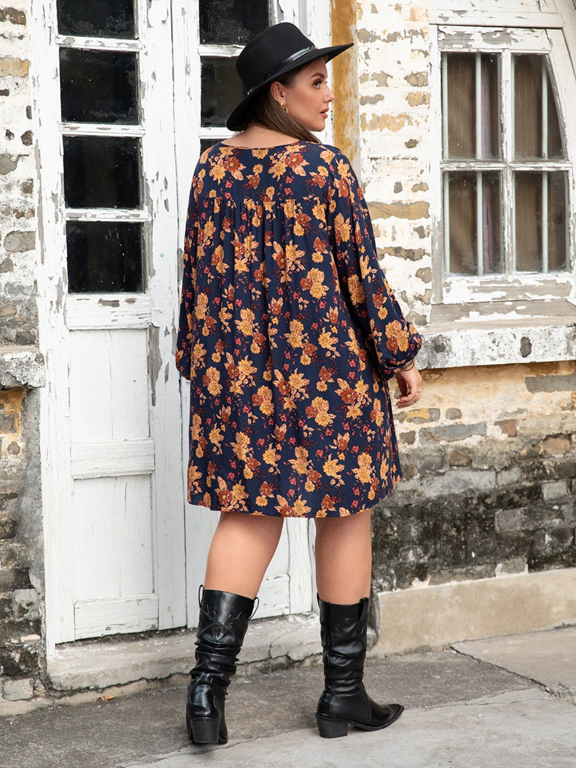 Plus Size Floral V-Neck Balloon Sleeve Dress Dress Krazy Heart Designs Boutique