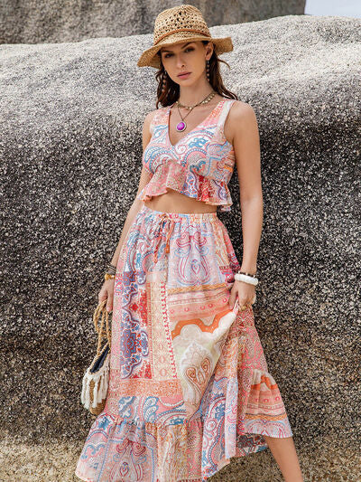 Playful Print Boho Style V-Neck Top and Midi Skirt Set Dress Krazy Heart Designs Boutique