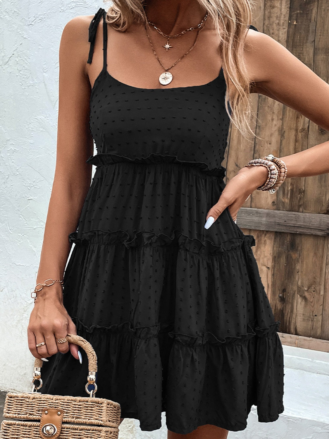 Frill Spaghetti Strap Tiered Dress (9 Colors) Dress Krazy Heart Designs Boutique Black S