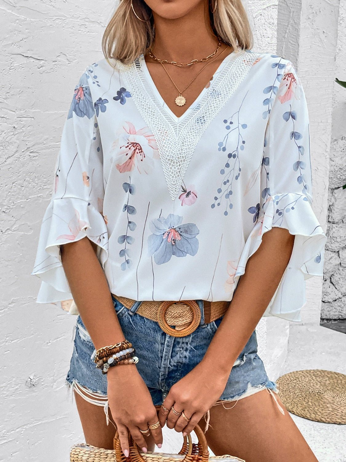 Honey Ruffled Printed V-Neck Half Sleeve Blouse (4 Print Colors) Shirts & Tops Krazy Heart Designs Boutique White S