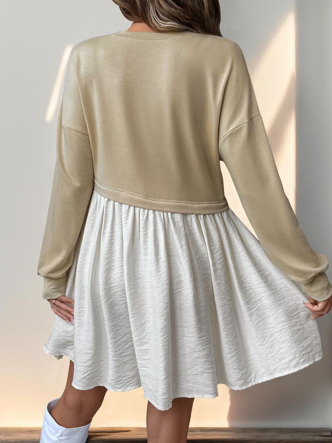 Perfee Contrast Round Neck Long Sleeve Mini Dress Dress Krazy Heart Designs Boutique