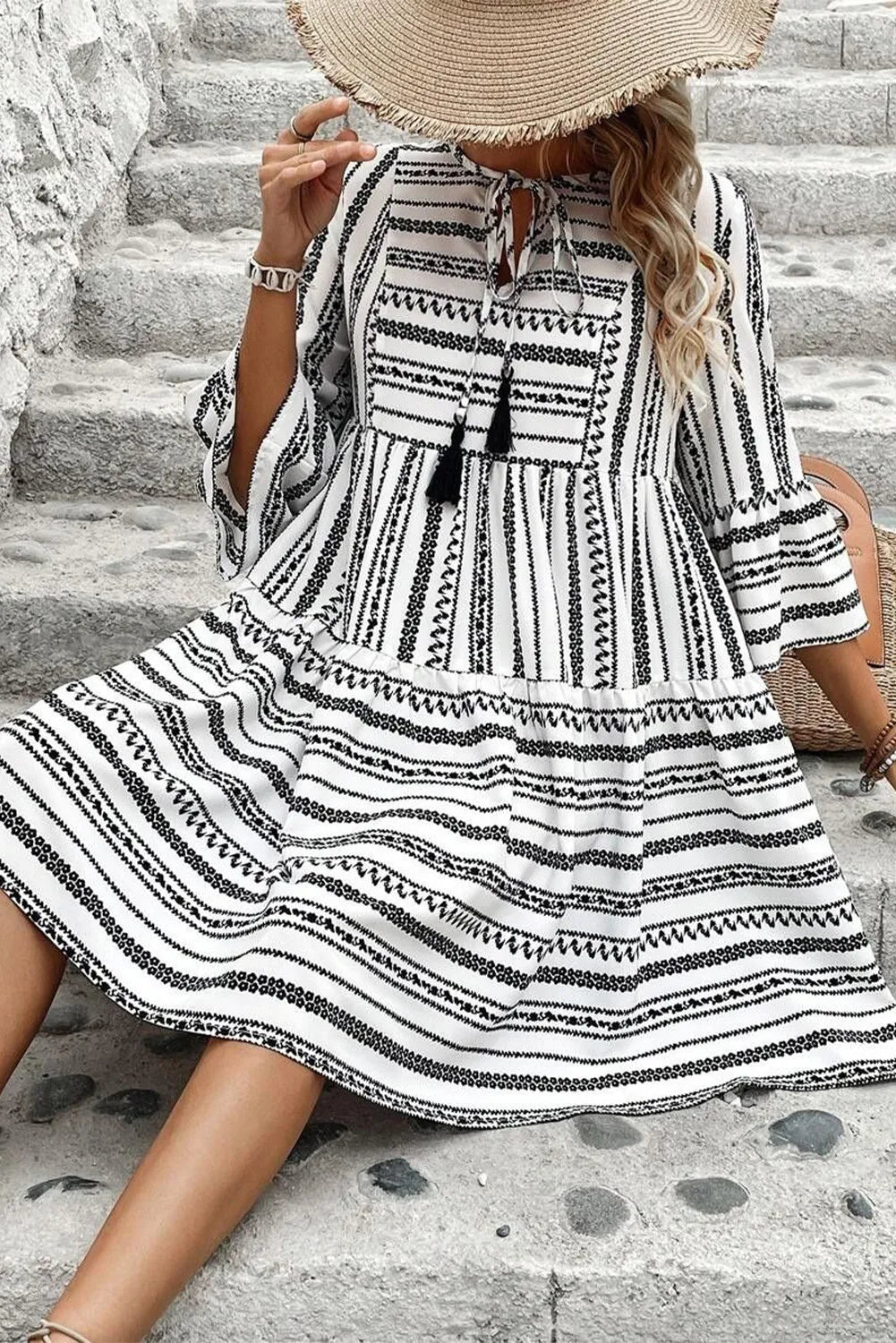 Printed Tie Neck Three-Quarter Sleeve Mini Dress Dress Krazy Heart Designs Boutique