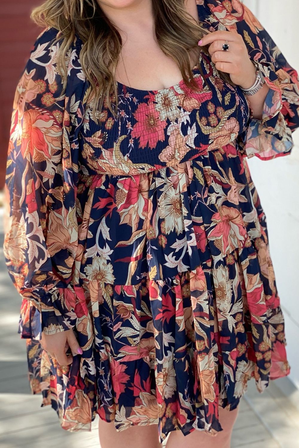 Plus Size Smocked Printed Long Sleeve Dress Dress Krazy Heart Designs Boutique