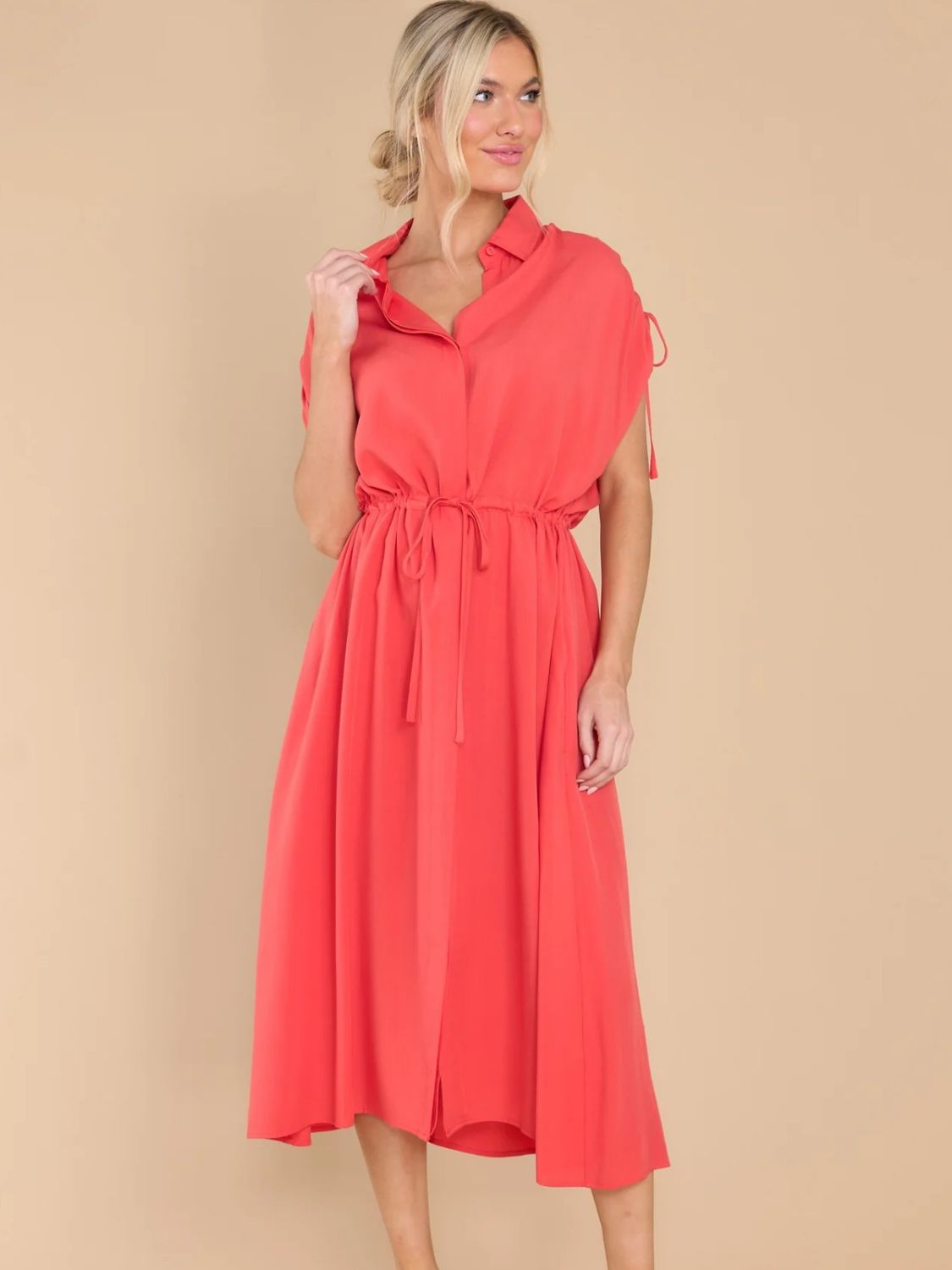 Drawstring Collared Neck Short Sleeve Midi Dress Dress Krazy Heart Designs Boutique Strawberry S