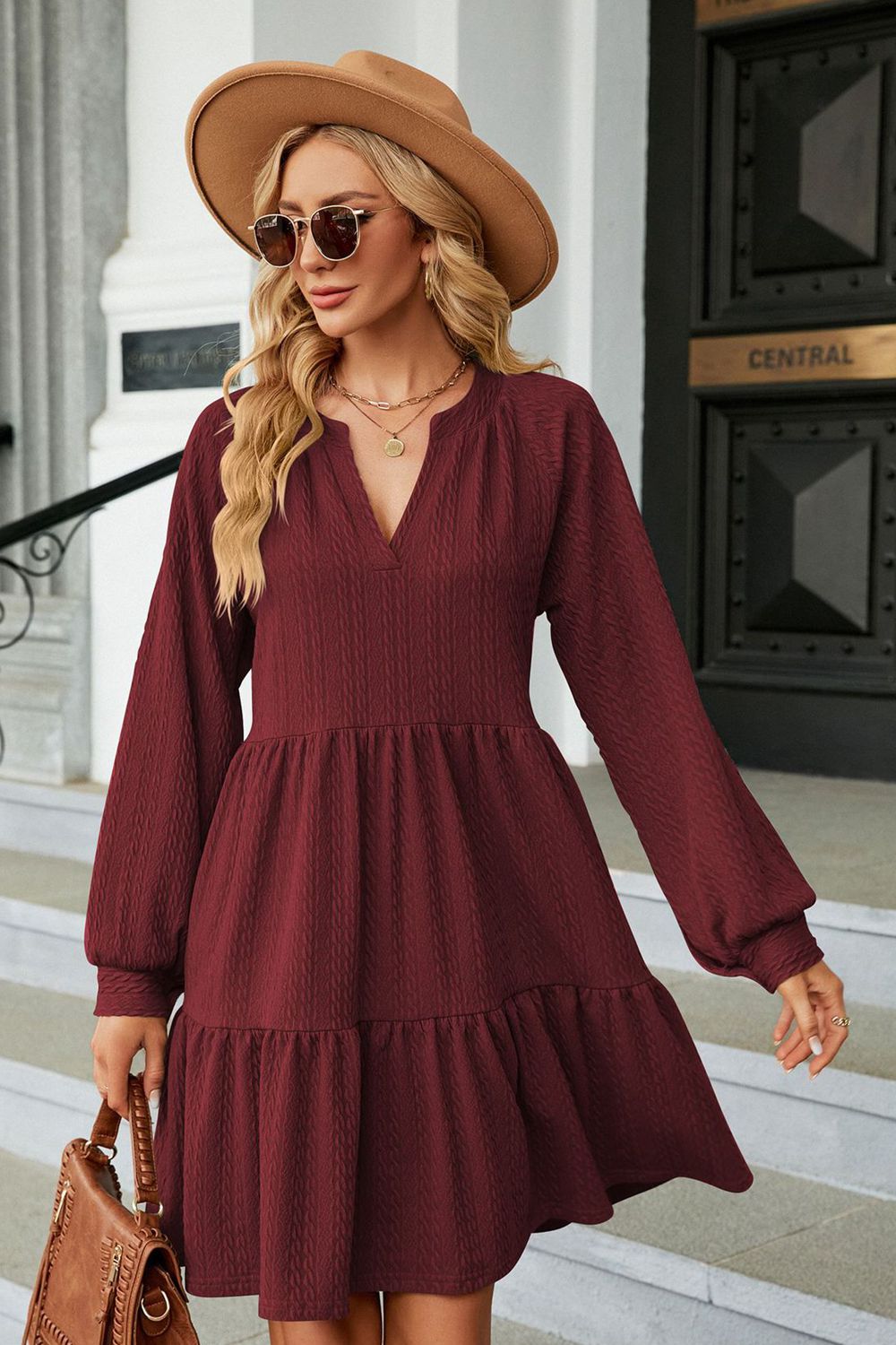 Notched Neck Long Sleeve Mini Dress (6 Colors) Dress Krazy Heart Designs Boutique